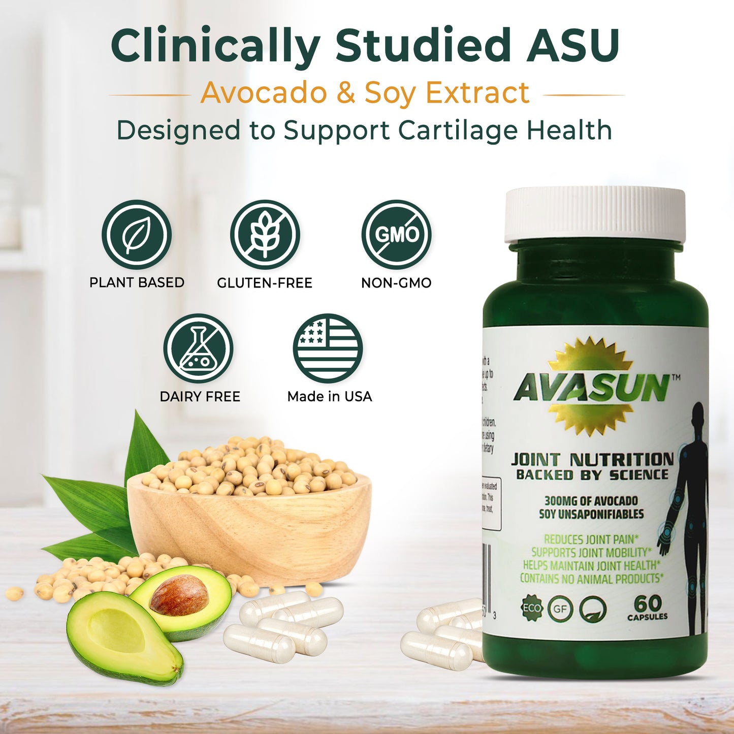 AvaSun Joint Health Support Supplement, Backed by Science, Avocado Soy Unsaponifiable, 300Mg ASU, Plant Based, Dairy Free, Gluten Free, Non-GMO, 60 Daily Capsules per Bottle