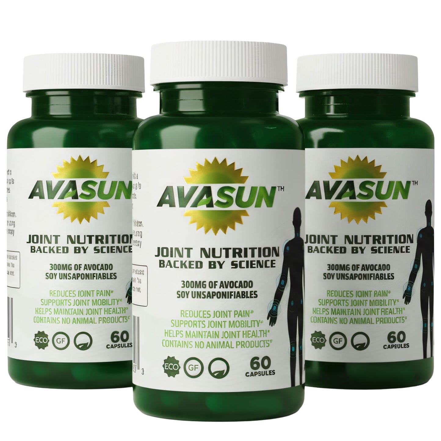 AvaSun Joint Health Support Supplement, Backed by Science, Avocado Soy Unsaponifiable, 300Mg ASU, Plant Based, Dairy Free, Gluten Free, Non-GMO, 60 Daily Capsules per Bottle