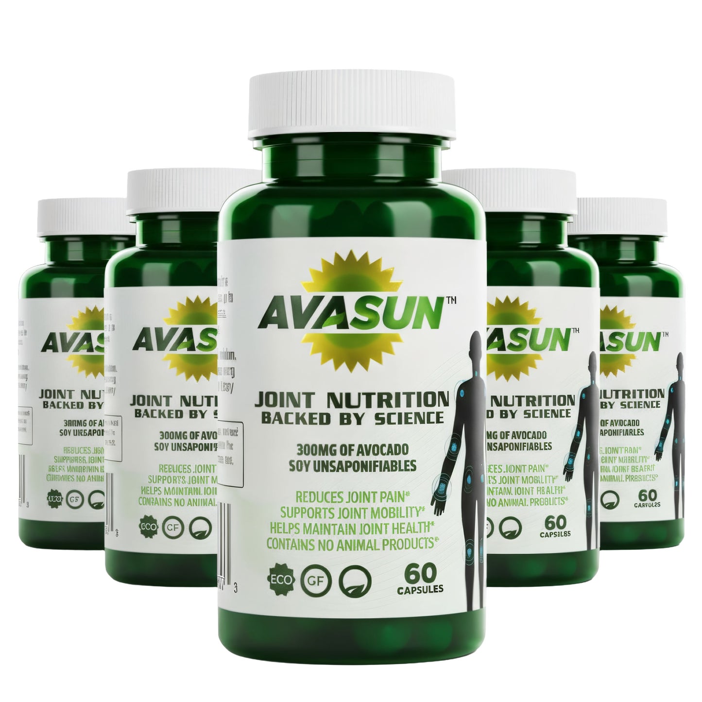 AvaSun Joint Health Support Supplement, Backed by Science, Avocado Soy Unsaponifiable, 300Mg ASU, Plant Based, Dairy Free, Gluten Free, Non-GMO, 60 Daily Capsules per Bottle